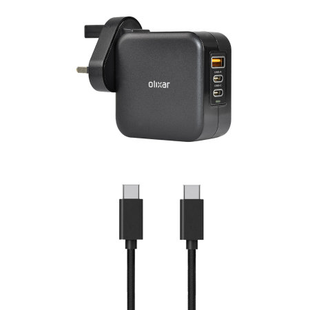 Olixar 65W GaN Tremendous Quick Wall Charger with USB A and USB-C, Together with Braided USB-C to C Cable